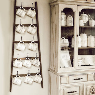 Distressed Wooden Ladder With Removable Hooks