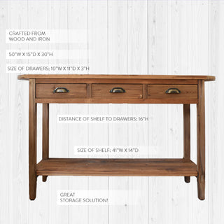 Natural Wood Console Table, Weathered with Drawers, Farmhouse