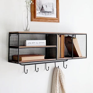 Wood Shelf With Four Wire Mesh Cubbies
