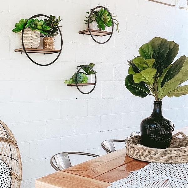round hanging plant shelf Circular Metal and Wood Shelves, Set of 3