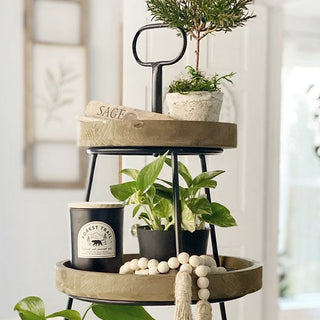 Natural Wood Tiered Tray with Metal Stand