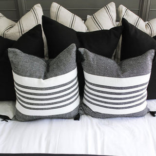 Black Striped Handloomed Throw Pillow with Tassels