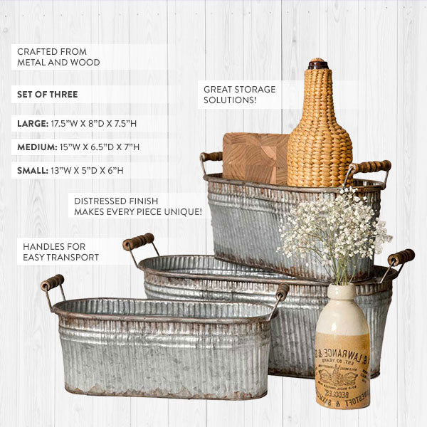 Rustic Bins with Wood Handles, Set of 3 - Decor Steals