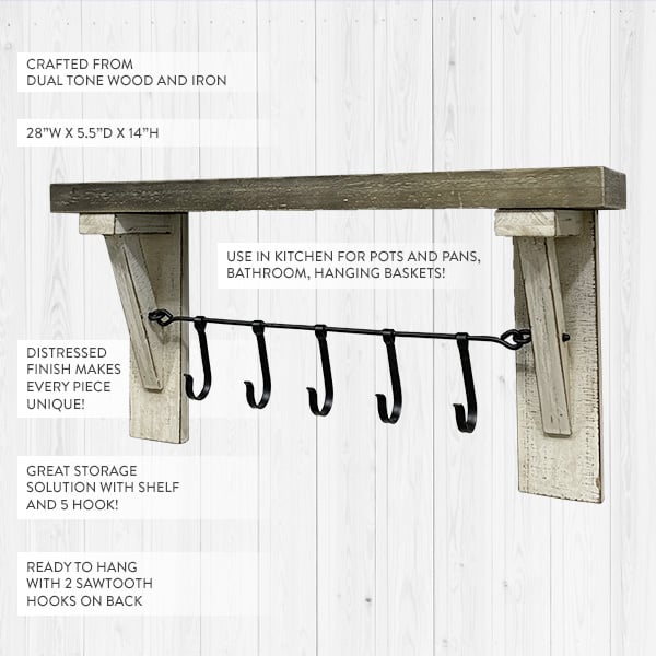 Wooden Wall Shelf with Hook System - Decor Steals