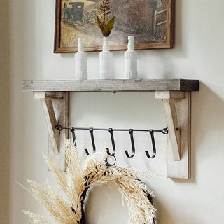 Rustic Farmhouse Farmhouse Wall Shelf With Hooks Wooden Wall Shelf