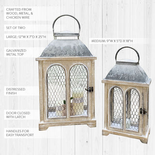 LARGE Chicken Wire Arched Wooden Lanterns, Set of 2