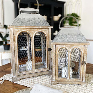 LARGE Chicken Wire Arched Wooden Lanterns, Set of 2