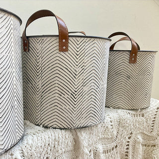 Oversized Textured Chevron Planters with Leather Straps, Set of 3