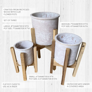 Handmade Clay Flower Pots with Recycled Wood Stands, Set of 3