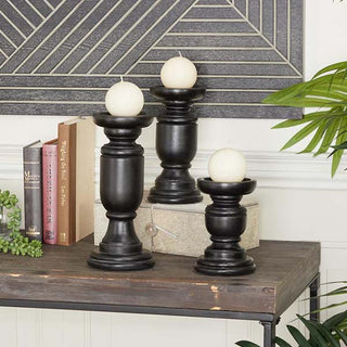 Black Wooden Spindle Candle Holders, Set of 3