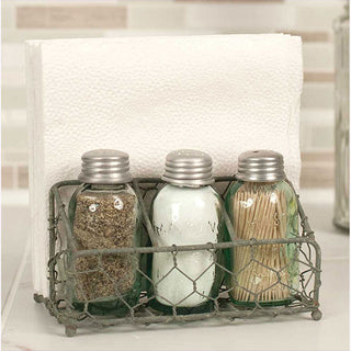 Rustic Napkin Holder with Recycled Glass Mason Jar Shakers
