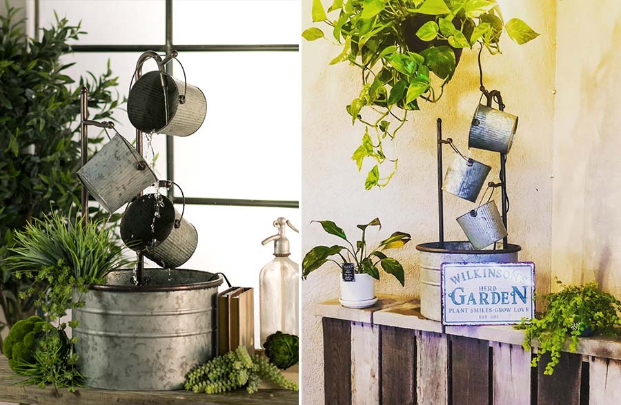 hanging fountain planter Metal Pouring Pails Water Fountain - Farmhouse Finds