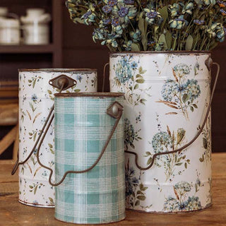 Vintage-Inspired Blue and White Tall Floral Pails, Set of 3