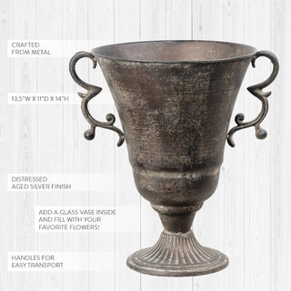 LARGE Aged Metal Pedestal Urn Vase