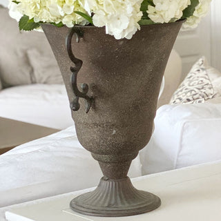 LARGE Aged Metal Pedestal Urn Vase