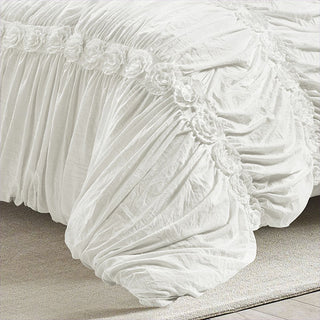 White Ruched Comforter with Flower Detail 3 Piece Set, Pick Your Size