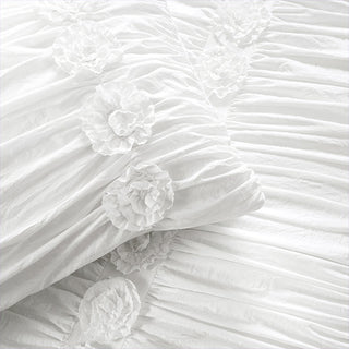 White Ruched Comforter with Flower Detail 3 Piece Set, Pick Your Size