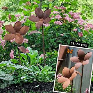 HUGE Rusted Patina Metal Flower Garden Stakes, Set of 2