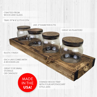 Rustic Wooden Tray  with Four Apothecary Jars | MADE IN THE USA