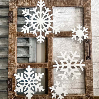Snowflake Adorned Distressed Wooden Window Frame