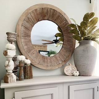 HUGE Vintage Inspired Distressed Wood Round Mirror