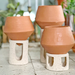 Clay Pot Planters with Speckled Stands, Set of 3