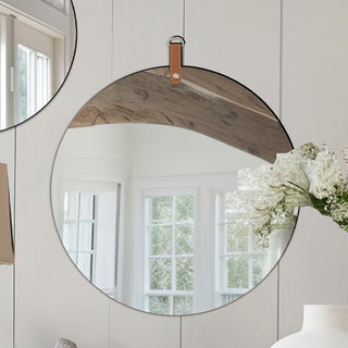 Round Wall Mirror with Leather Like Hanger, Pick Your Size