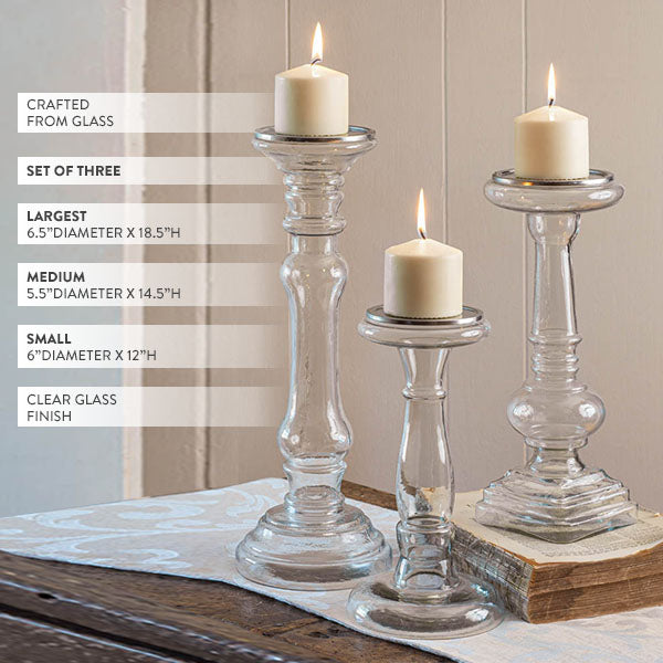 CTW Home Glass Pillar Candle Holders - Set of 3