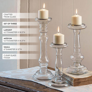 Glass Pillar Candle Holders, Set of 3