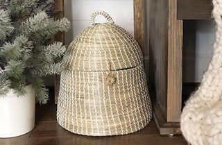 Bee Hive Inspired Woven Basket with Hinged Lid