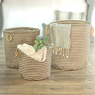 Striped Canvas Baskets with Wood Handles, Set of 3