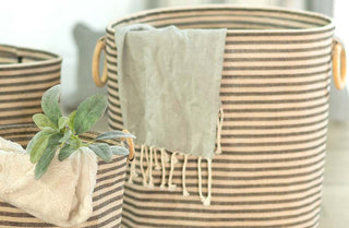 Striped Canvas Baskets with Wood Handles, Set of 3