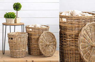 Round Rattan Storage Basket with Lids, Set of Two