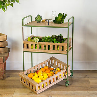 Green Rolling Cart With Wooden Crate Shelves