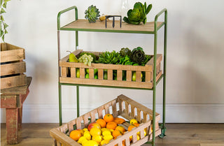 Green Rolling Cart With Wooden Crate Shelves
