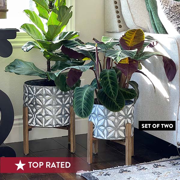 risers for plant pots Metal Planters, Large Embossed, Risers on Stand, Set of 2