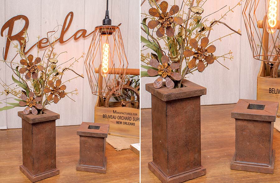 rustic metal plant pots Rusted Metal Riser Flower Pots, Set of 2