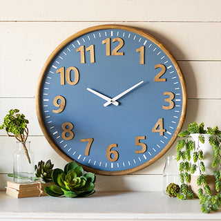 Blue Wall Clock with Wooden Numbers