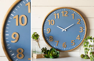 Blue Wall Clock with Wooden Numbers