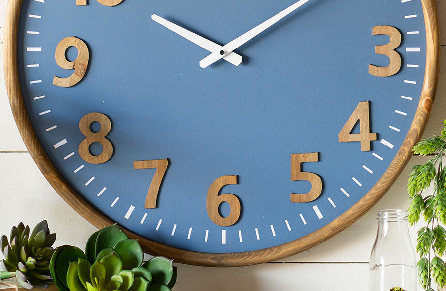 Blue Wall Clock | Blue Wall Clock With Wooden Numbers - Decor Steals