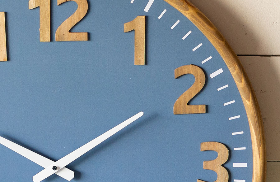 Blue Wall Clock | Blue Wall Clock With Wooden Numbers - Decor Steals