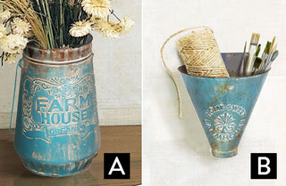 Antique Blue Embossed Metal Planters, Pick Your Style | European Garden