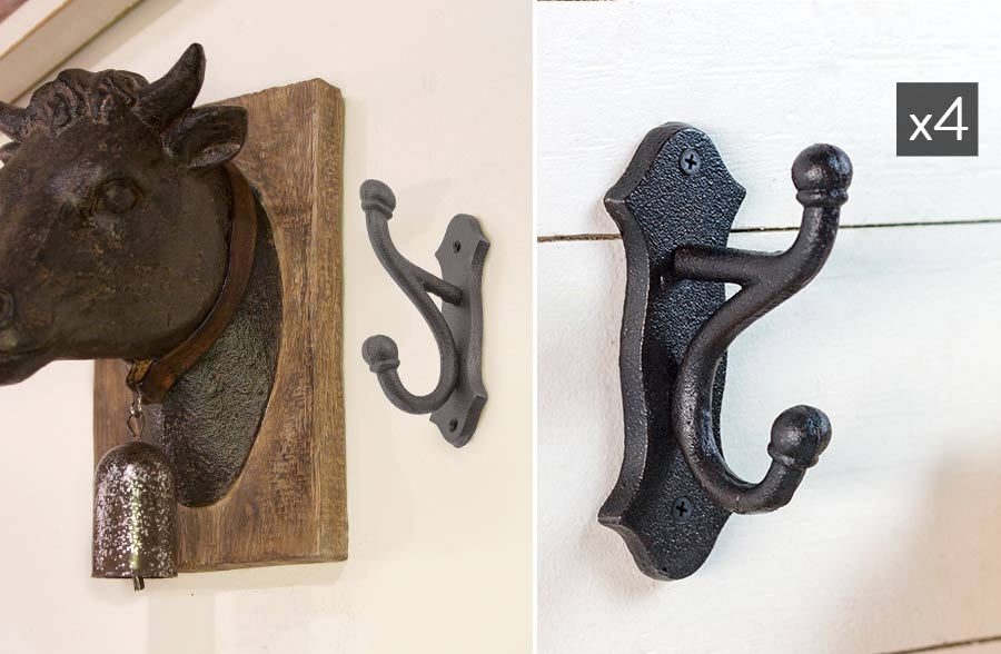 Cast Iron Double Wall Hook, Set of 4