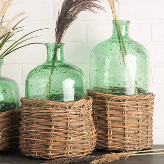 Green Tinted Glass Bottle with Removable Rattan Basket, Pick Your Size