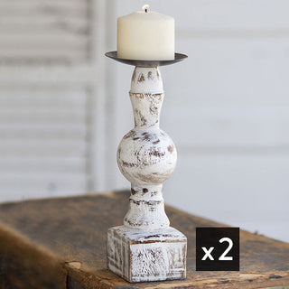 Carved Wood Candle Pillar, Set of 2