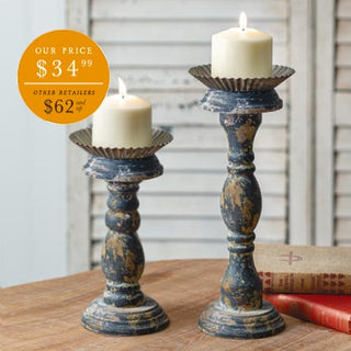 Distressed Scalloped Metal Candle Stands, Set of 2