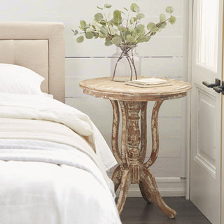 Traditional Whitewashed Round Wooden Accent Table