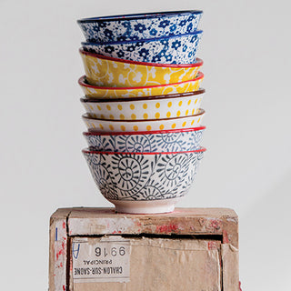 Hand Stamped Stoneware Bowls, Set of 4