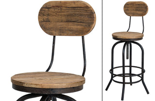 Distressed Natural Elm Wood Bar Stool With Back