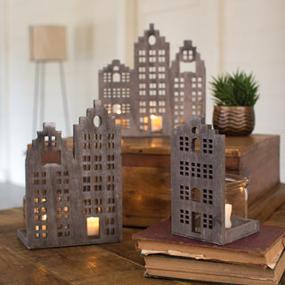 Wooden Building Candle Stands  Set of 3